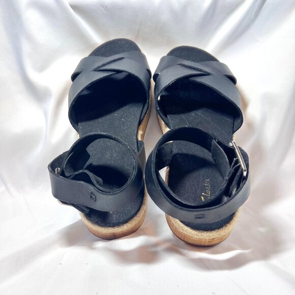 Clarks Women's 1 " Wedge Cork Leather Around Ankle Sandals-Size 8 1/2-Black/Tan - Picture 6 of 16